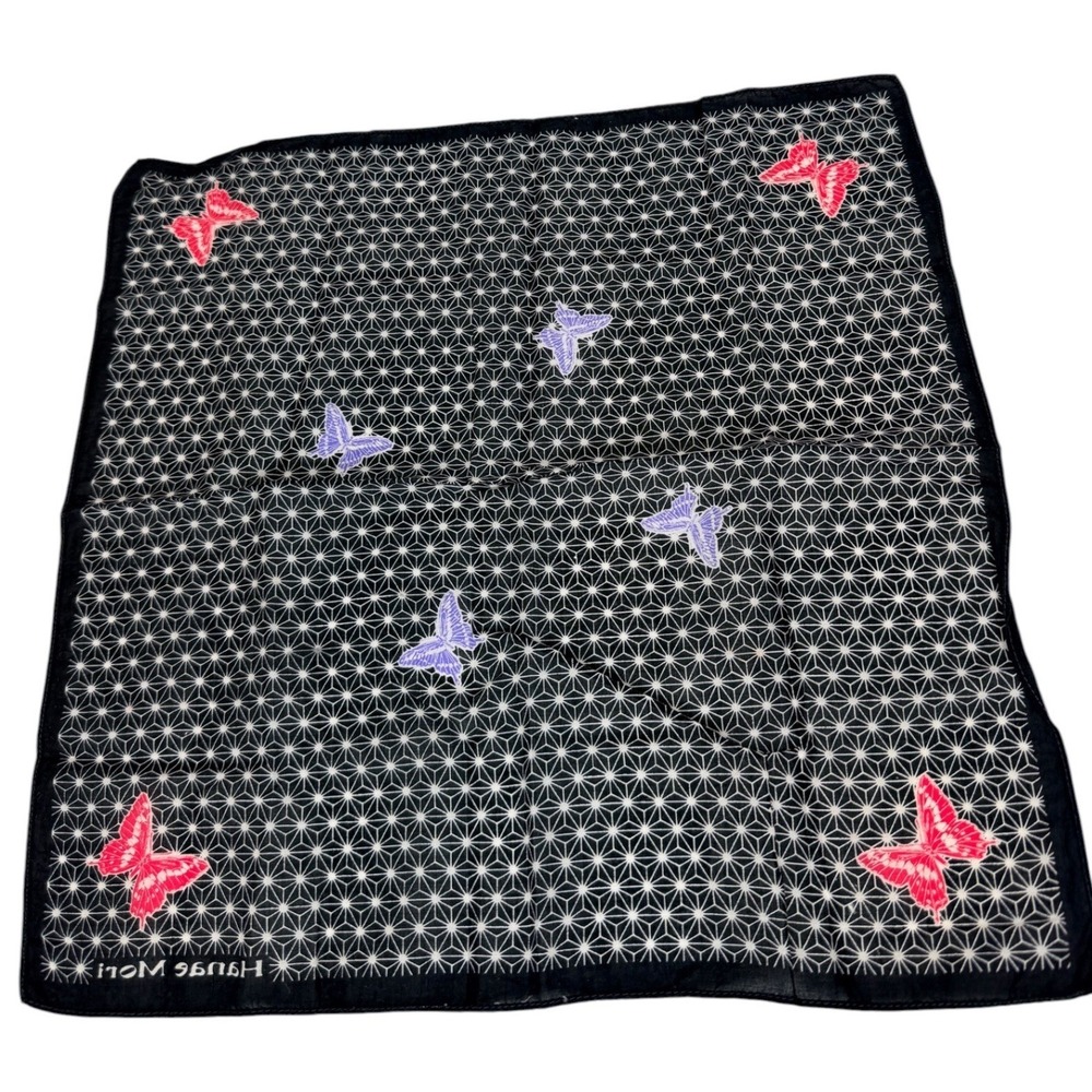 Hanae Mori Vintage Cotton Handkerchief Black Geometric Star Butterfly Print